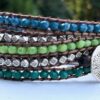 wrap, hammered button, adjustable, designer inspired, takes 2-4 hours to make, handcrafted, zinc, green, blue, silver, turquoise, semiprecious stones