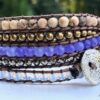 wrap, hammered button, adjustable, designer inspired, takes 2-4 hours to make, handcrafted, moonstone, jasper, gold, purple, lavender, brown, semiprecious stones