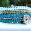 wrap, hammered button, adjustable, designer inspired, takes 2-4 hours to make, handcrafted, turquoise, zinc, blue, silver, gold, semiprecious stones, summery